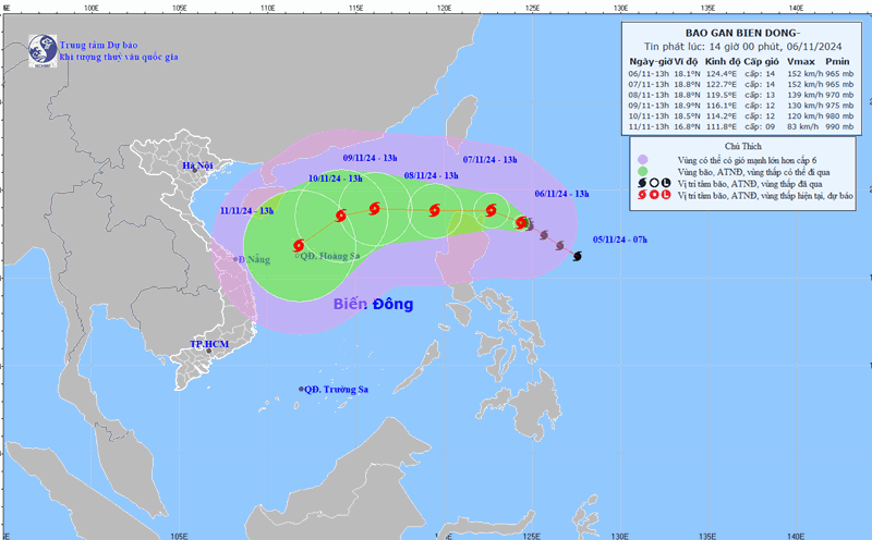 Updated location and path of storm Yinxing at 2:00 p.m. on November 6. Photo: National Center for Hydro-Meteorological Forecasting
