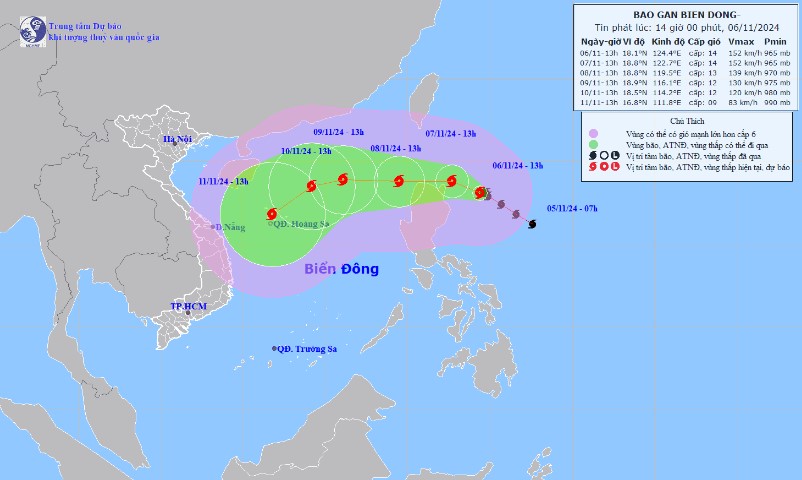 Vi tri va huong di chuyen cua bao Yinxing. Anh: Trung tam Du bao Khi tuong Thuy van Quoc gia