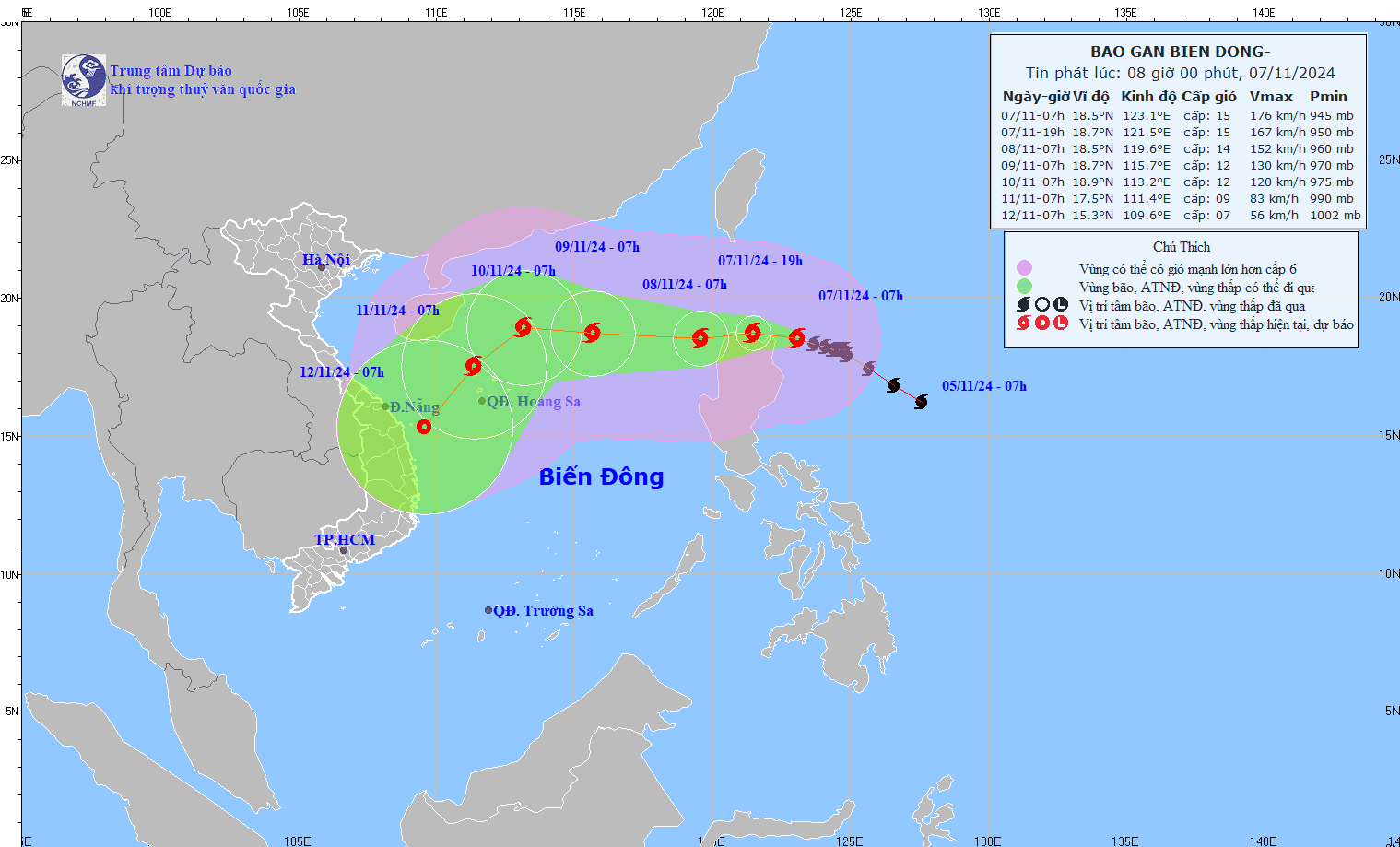 Du bao duong di cua bao Yinxing sau khi vao Bien Dong, thanh bao so 7 trong mua bao nam 2024. Anh: Trung tam Du bao Khi tuong thuy van quoc gia