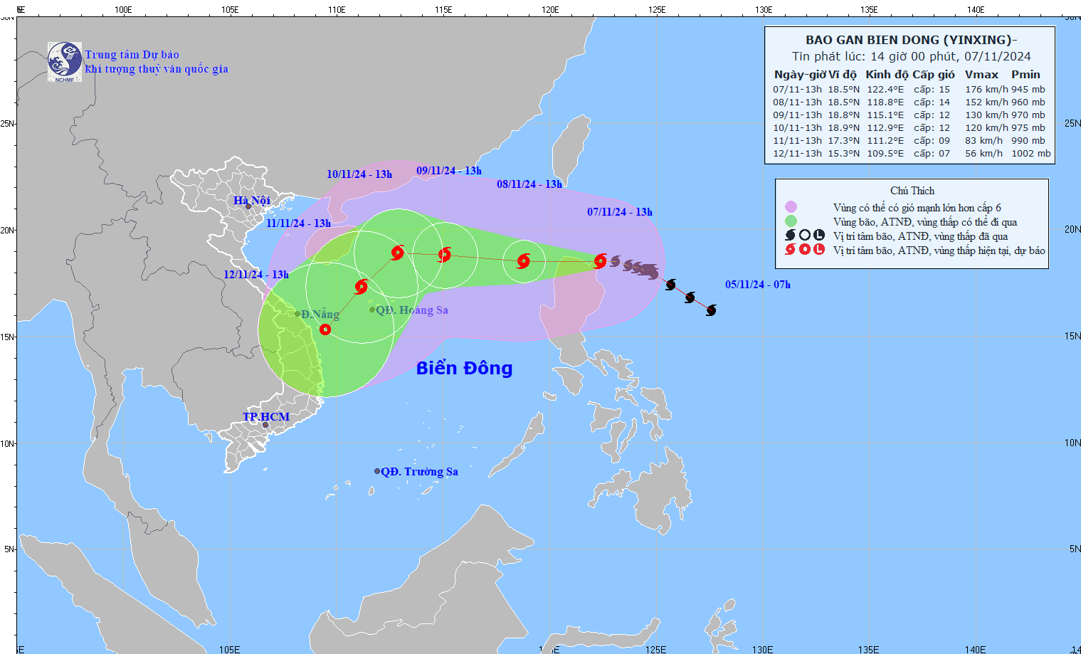 Cap nhat vi tri va duong di cua bao Yinxing hoi 8h ngay 7.11. Nguon: Trung tam Du bao Khi tuong Thuy van Quoc gia