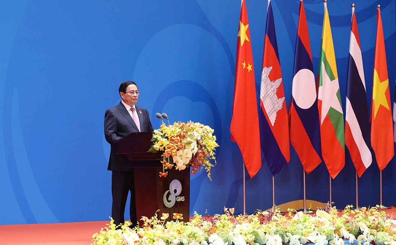 Politburo member and Prime Minister Pham Minh Chinh speaks at the 8th Greater Mekong Subregion (GMS) Summit. Photo: VGP