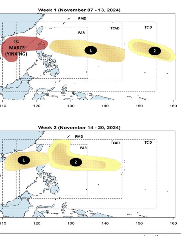 2 ap thap co kha nang manh len thanh bao ngay sau Yinxing trong du bao ngay 7.11 cua PAGASA. Anh: PAGASA