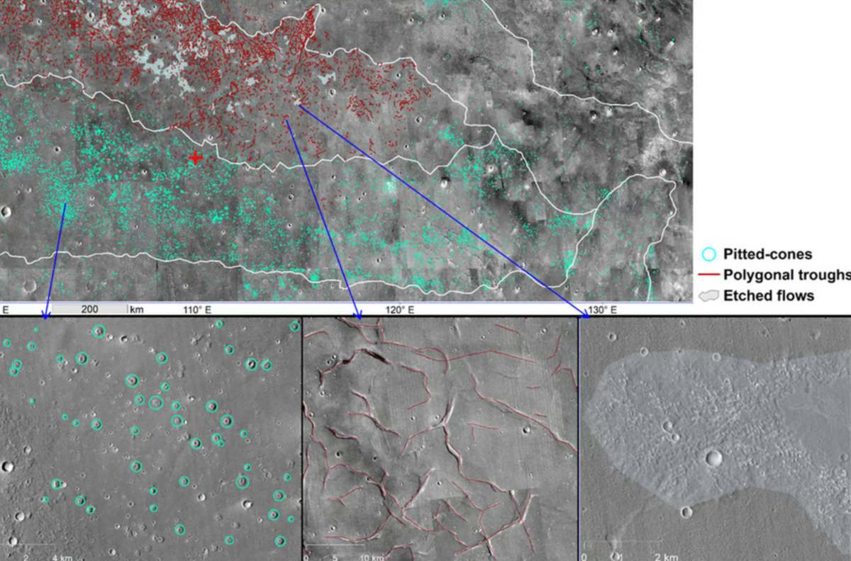 Theo cac nha nghien cuu, cac dac diem be mat duoc goi la hinh non co lo, ranh da giac va dong chay khac co the la bang chung ve mot dai duong co dai tren sao Hoa. Anh: Scientific Reports