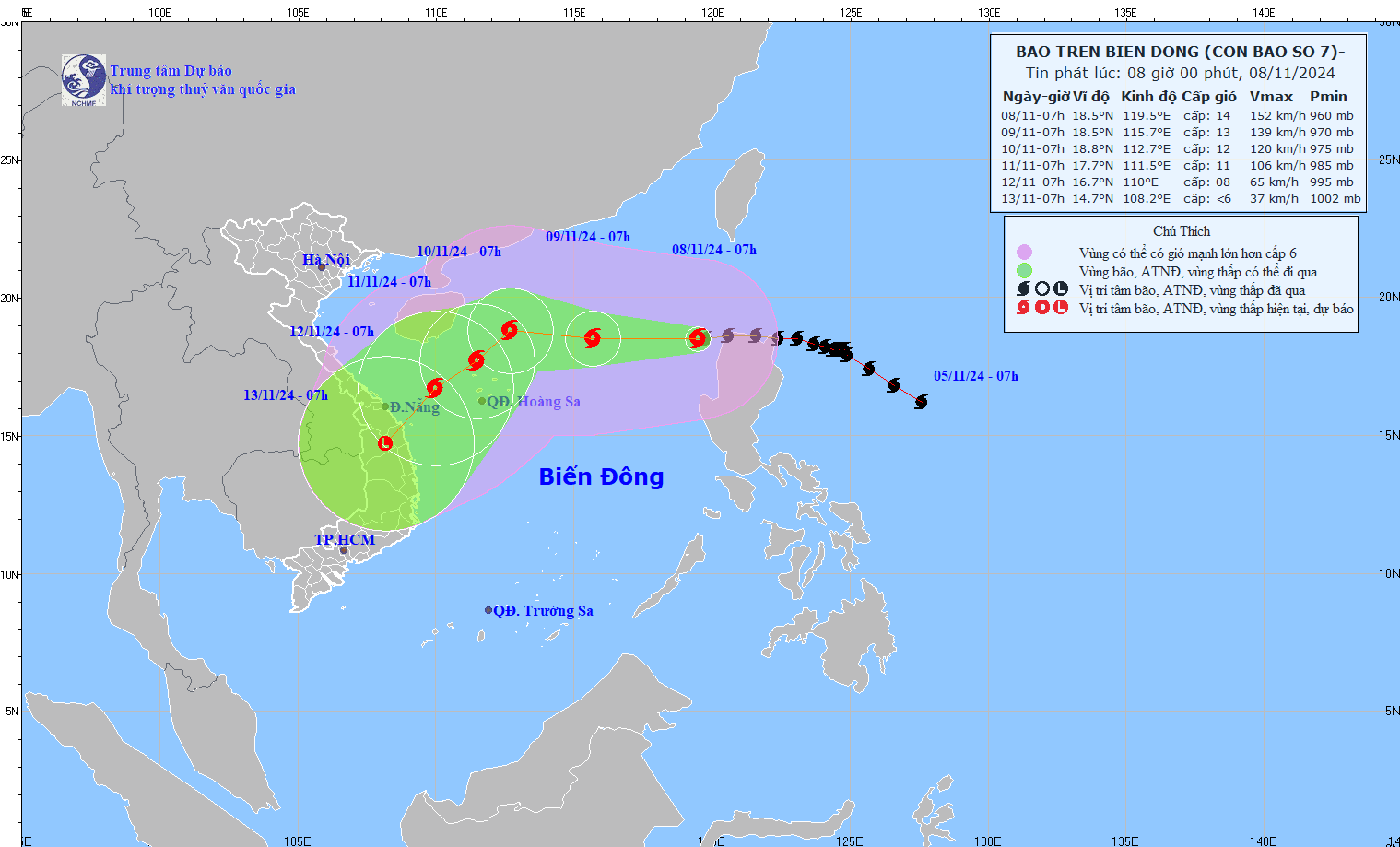 Cap nhat vi tri va duong di cua bao so 7 hoi 7 gio ngay 8.10. Anh: Trung tam Du bao Khi tuong Thuy van Quoc gia 