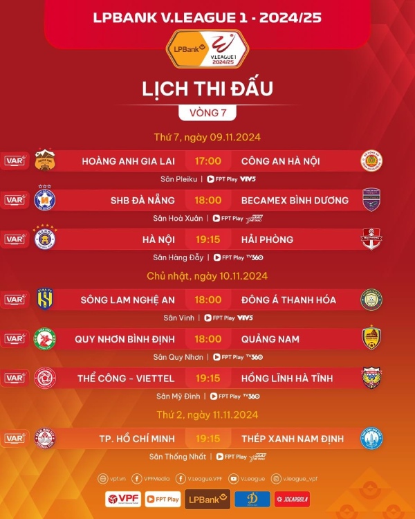 Lich thi dau vong 7 V.League 2024-2025. Anh: VPF