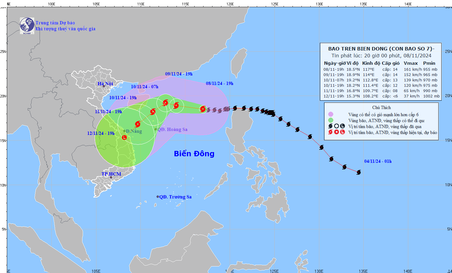 Cap nhat vi tri va duong di cua bao so 7 hoi 19 gio ngay 8.11. Anh: Trung tam Du bao Khi tuong Thuy van Quoc gia 