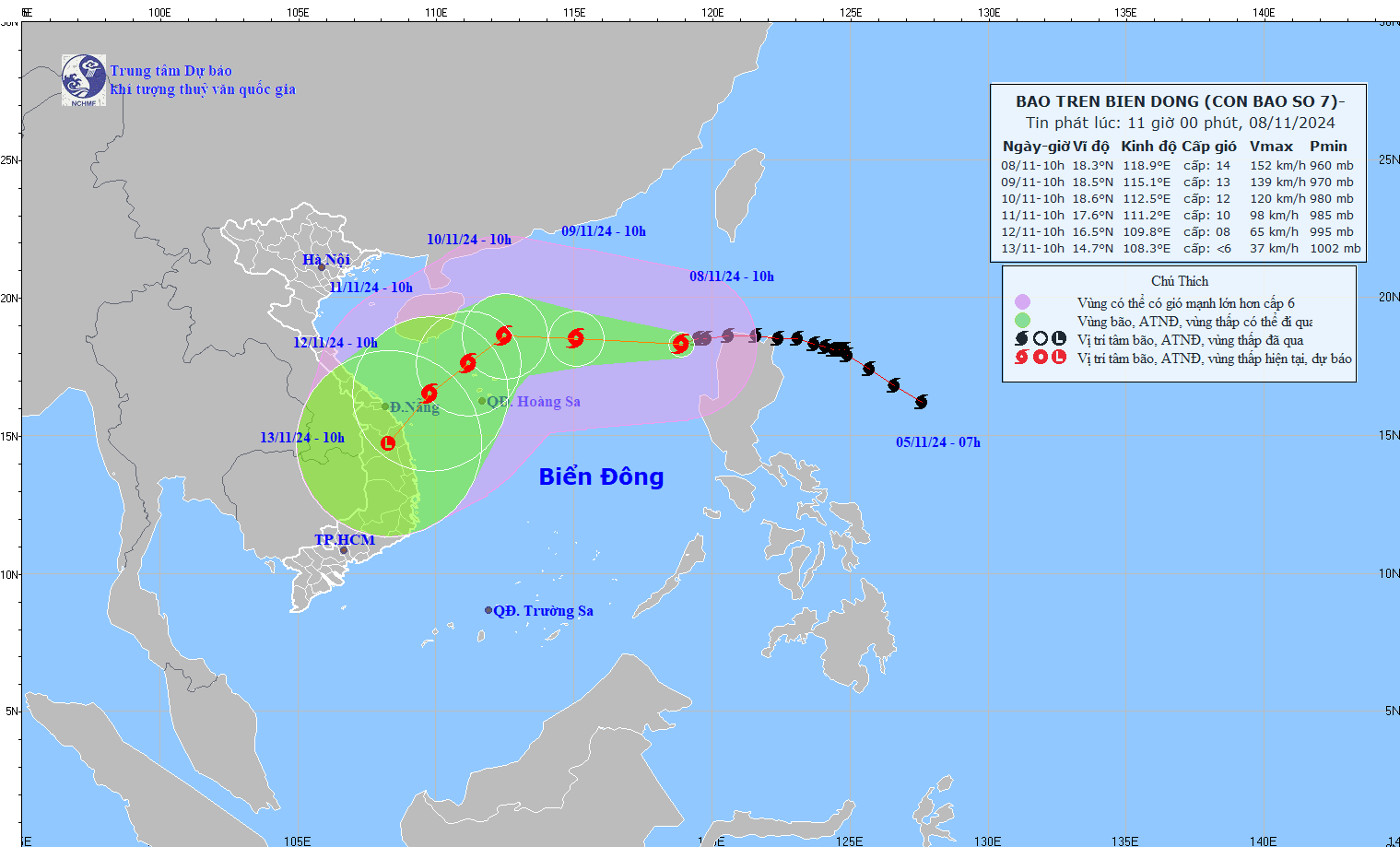 Cap nhat vi tri va duong di cua bao so 7 hoi 10 gio ngay 8.11. Anh: Trung tam Du bao Khi tuong Thuy van Quoc gia 