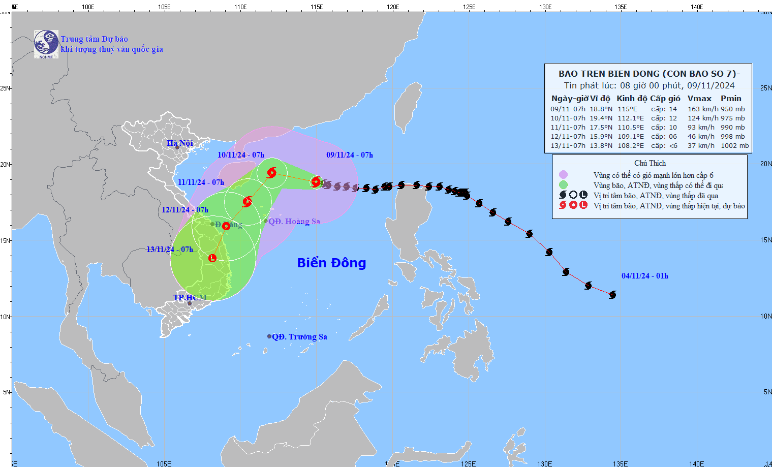 Cap nhat vi tri va duong di cua bao so 7 hoi 7 gio ngay 9.11. Anh: Trung tam Du bao Khi tuong Thuy van Quoc gia 