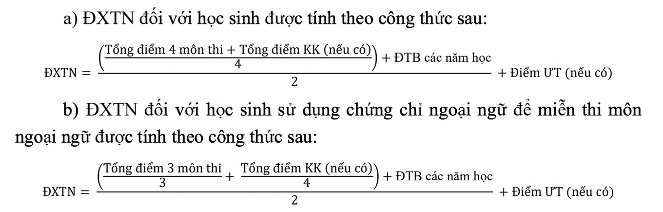 Cụ thể công thức tính điểm xét công nhận tốt nghiệp THPT trong hai trường hợp thi và không thi ngoại ngữ như sau: