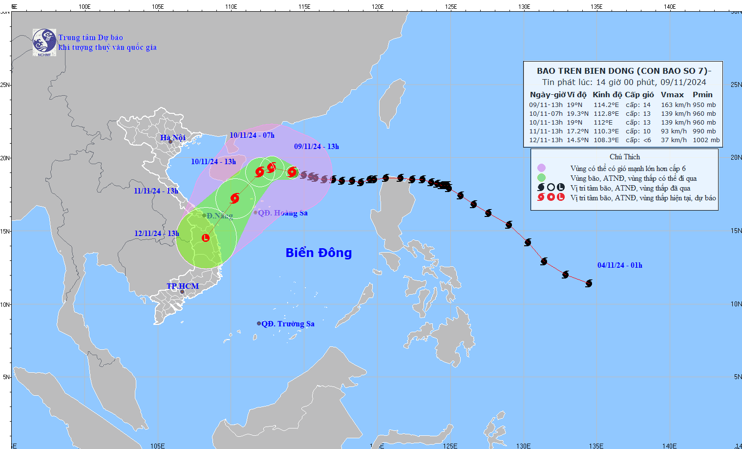 Cap nhat vi tri va duong di cua bao so 7 hoi 13 gio ngay 9.11. Anh: Trung tam Du bao Khi tuong Thuy van Quoc gia 