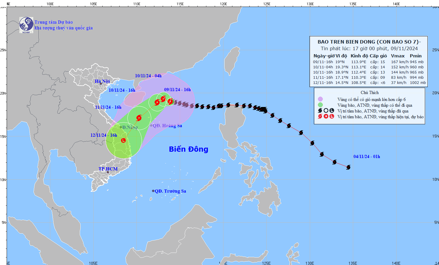 Cap nhat vi tri va duong di cua bao so 7 hoi 16 gio ngay 9.11. Anh: Trung tam Du bao Khi tuong Thuy van Quoc gia 