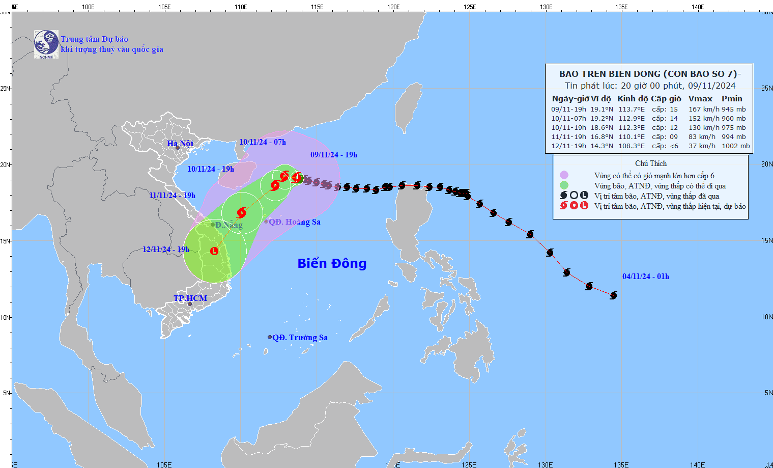 Cap nhat vi tri va duong di cua bao so 7 hoi 19 gio ngay 9.11. Anh: Trung tam Du bao Khi tuong Thuy van Quoc gia 