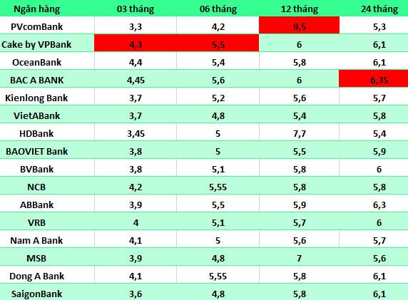 Top ngan hang co lai suat cao tren thi truong hien nay. So lieu ghi nhan ngay 10.11.2024. Bang: Ha Vy  