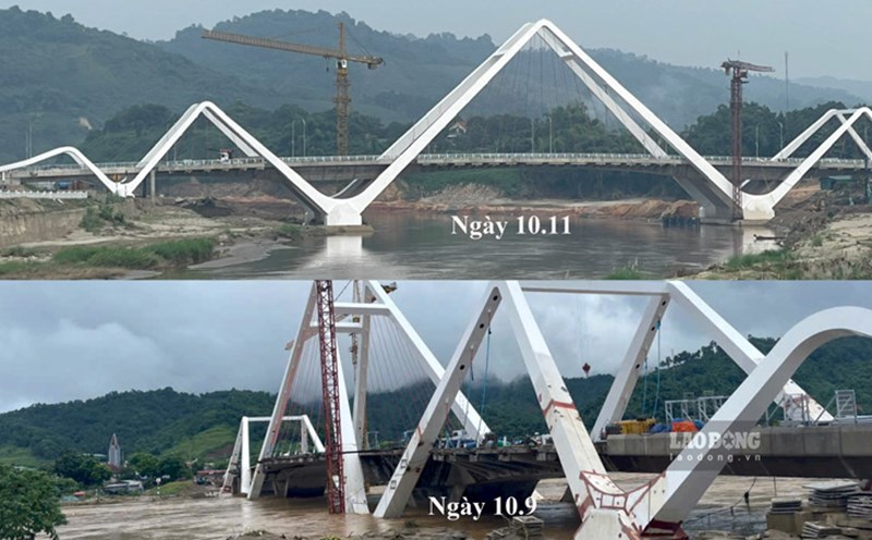 The water level of the Red River across Phu Thinh Bridge, Lao Cai City, has changed after 2 months of storms and floods. Photo: Dinh Dai