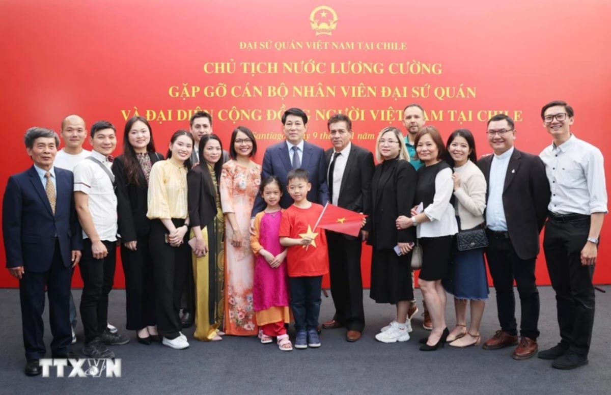 President Luong Cuong with representatives of the Vietnamese community in Chile. Photo: VNA
