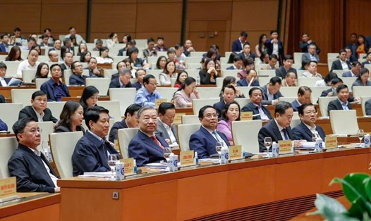 Tổng Bí thư Tô Lâm cùng các lãnh đạo Đảng, Nhà nước dự Hội nghị toàn quốc. Ảnh: T.Vương