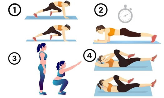 Bài tập trên sàn để giảm mỡ và giảm cân trước khi ăn sáng. Đồ họa: Thanh Thanh