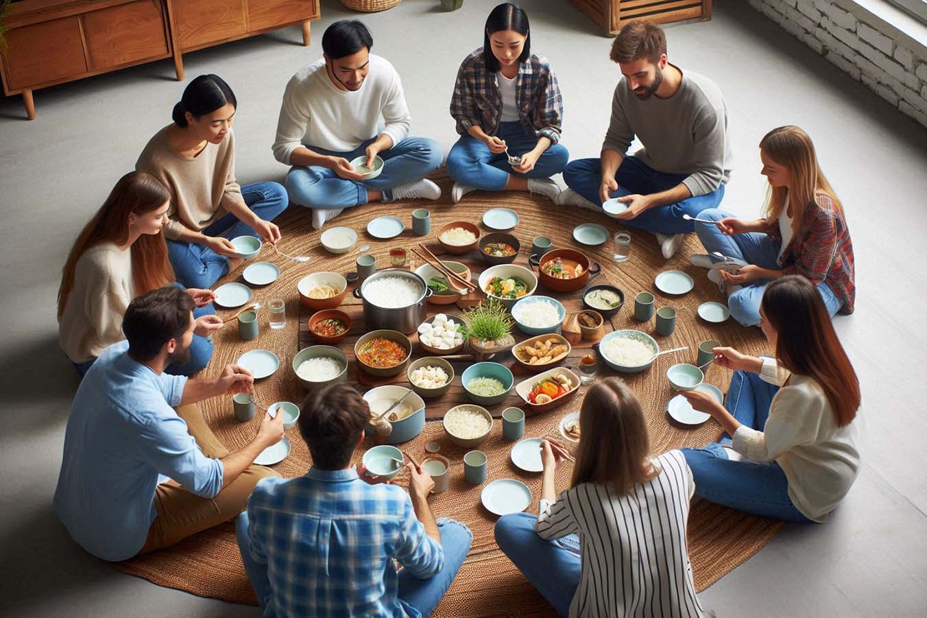 There are differences in whether to sit on the floor or use a dining table when eating. Photo - AI: Ngoc Thuy