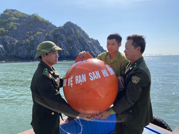 Releasing buoys to protect corals at Cat Ba National Park. Photo: Provided by IUCN