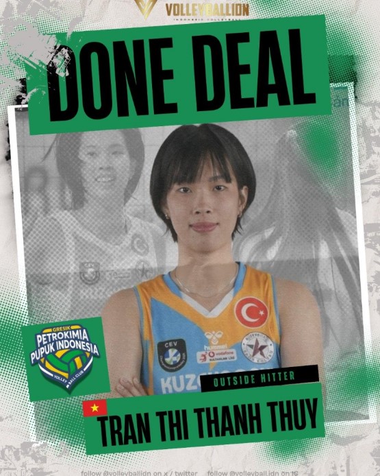 Bai dang thong bao Thanh Thuy cap ben doi Gresik Petrokimia Pupuk. Anh: X @volleyballidn