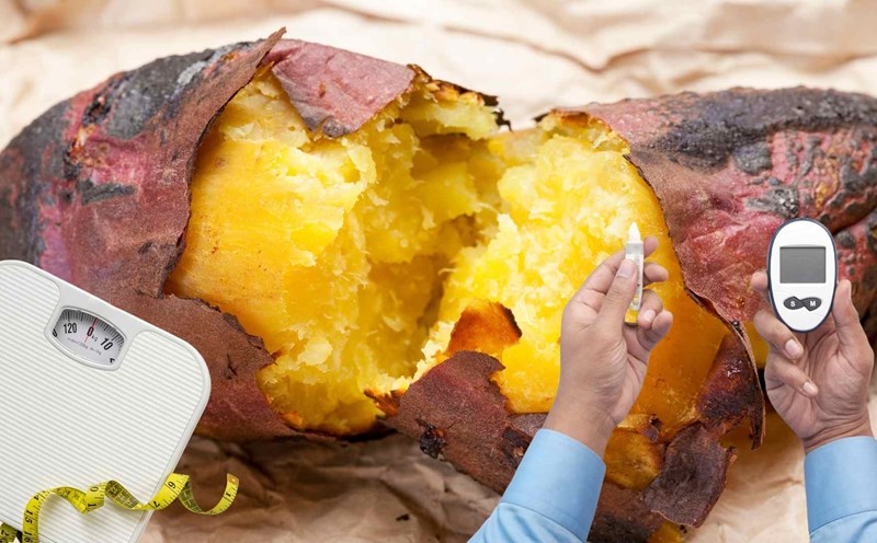 Baked sweet potatoes help control blood sugar. Graphics: Ha May