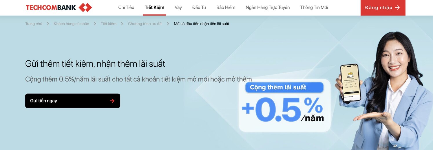 Chuong trinh uu dai lai suat duoc Techcombank quang cao tren website cua ngan hang. Anh: MA.