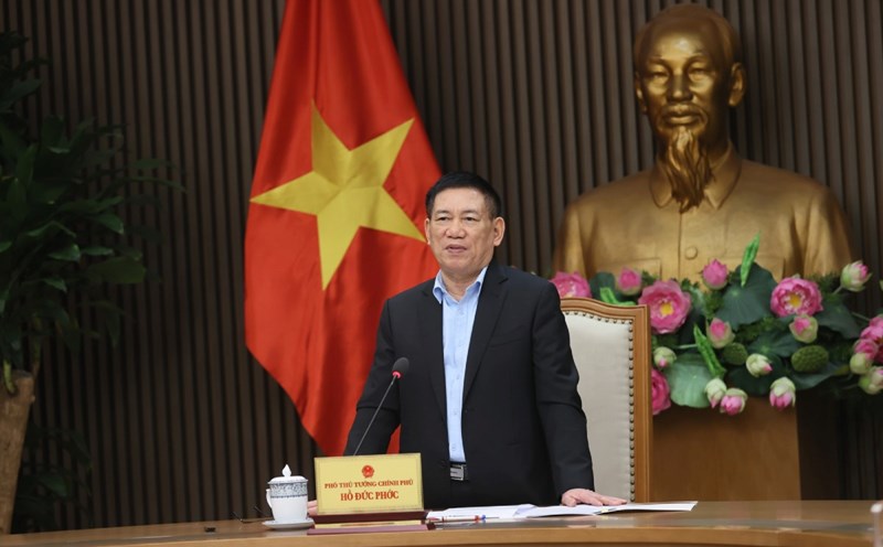 Deputy Prime Minister Ho Duc Phoc speaks at a meeting on streamlining the Ministry of Finance's apparatus. Photo: VGP