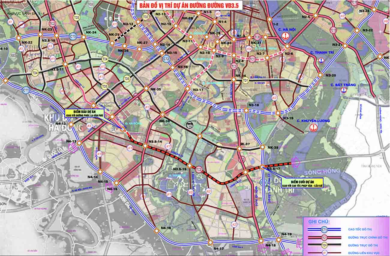 Location map of the Ring Road 3.5 project from Phuc La - Van Phu to Phap Van - Cau Gie expressway. Photo: Hanoi Civil Works Investment Project Management Board