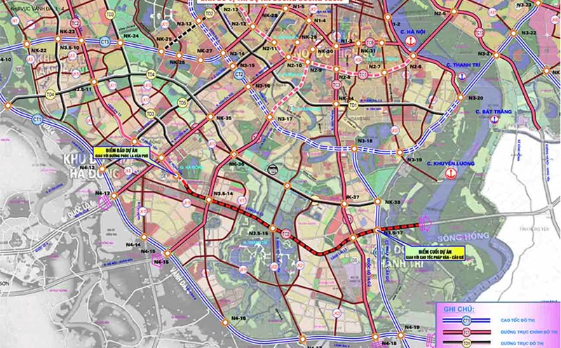 Location map of the Ring Road 3.5 project from Phuc La - Van Phu to Phap Van - Cau Gie expressway. Photo: Hanoi Civil Works Investment Project Management Board