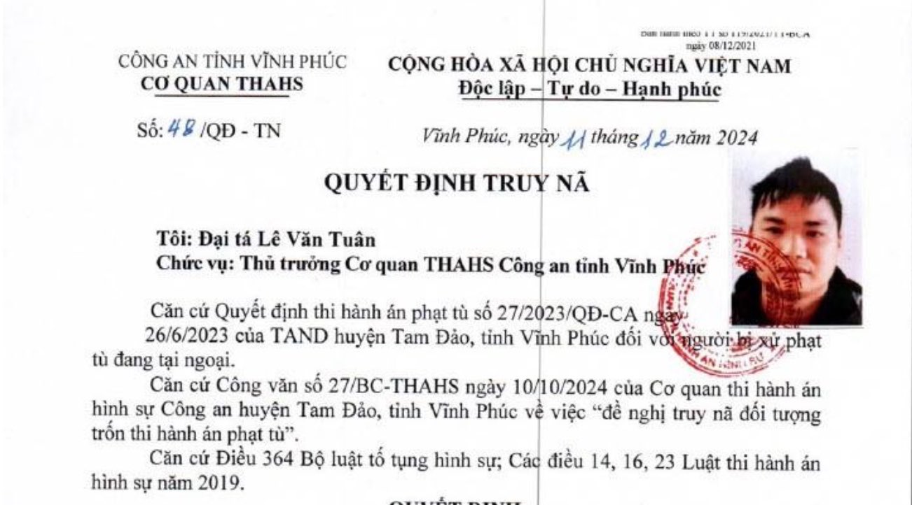 Hình ảnh đối tượng Lâm Văn Quang. Ảnh: Công an Vĩnh Phúc