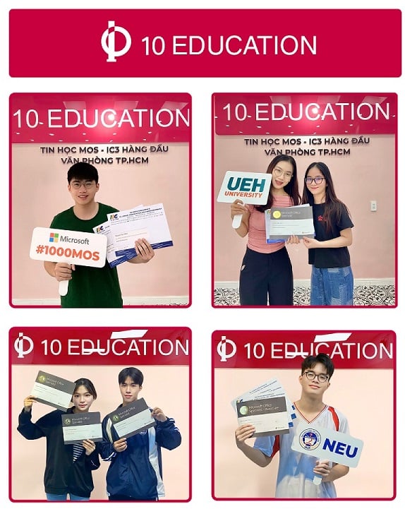Hoc vien 10 Education dat diem so toi da 1000 diem trong Ky thi Tin hoc Quoc te MOS.