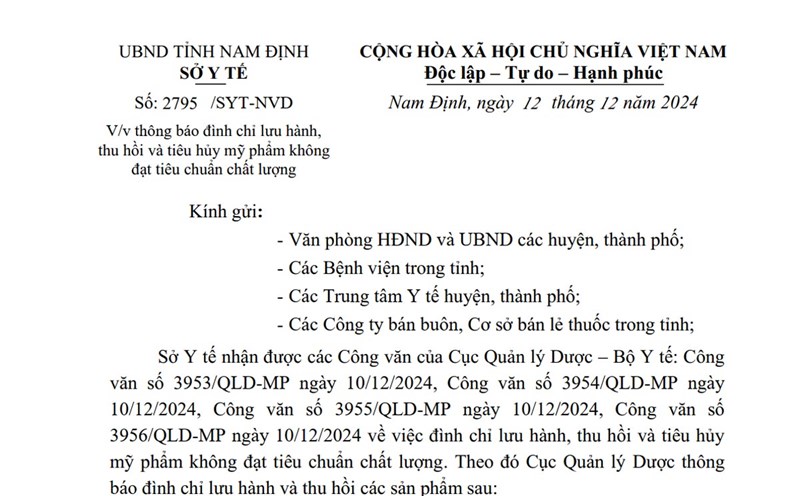 Nam Dinh Province Department of Health announced the suspension of circulation, recall and destruction of many cosmetics that do not meet quality standards. Photo: Screenshot of document