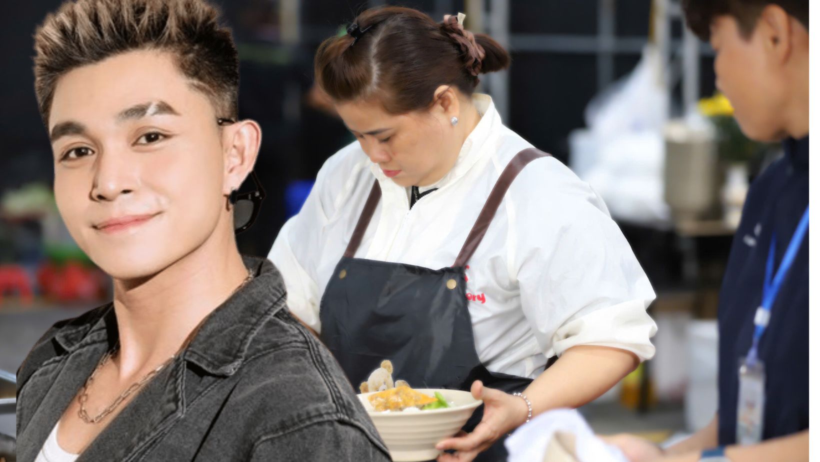 Singer Jun Pham enjoys eating vermicelli with meatballs at the "Call Me by Fire" concert canteen. Photo: Huyen Chi/Interviewee