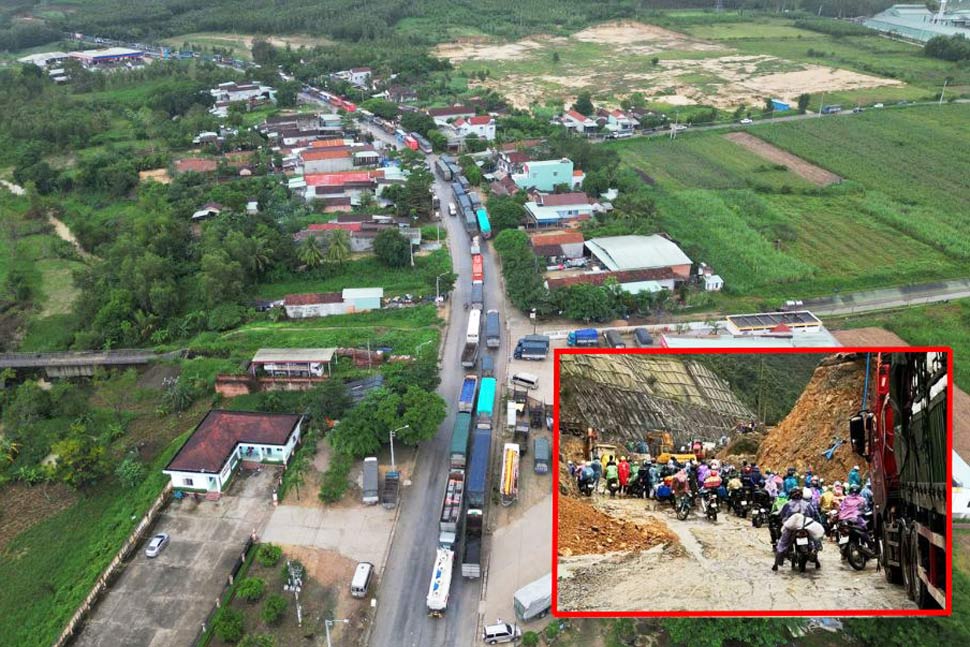 The road surface of National Highway 19 through An Khe Pass connecting Binh Dinh - Gia Lai is flooded with mud, traffic continues to be congested. Photo: Hoai Luan
