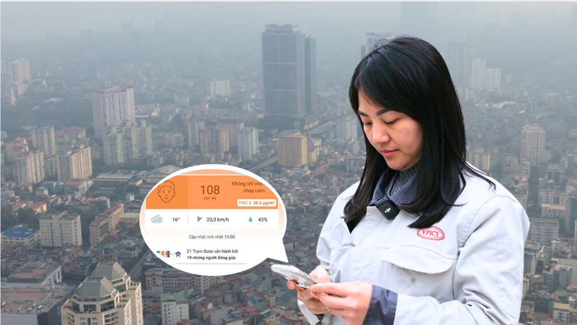 Workers apply air quality monitoring technology