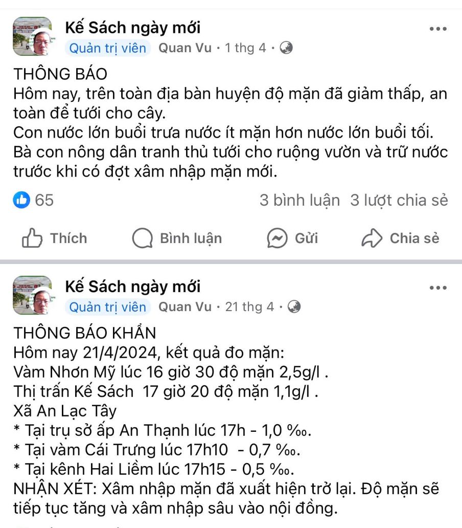 Thong tin ve tinh hinh xam nhap man duoc nganh nong nghiep huyen Ke Sach (Soc Trang) thong tin kip thoi tren cac nen tang mang xa hoi. Anh: Phuong Anh