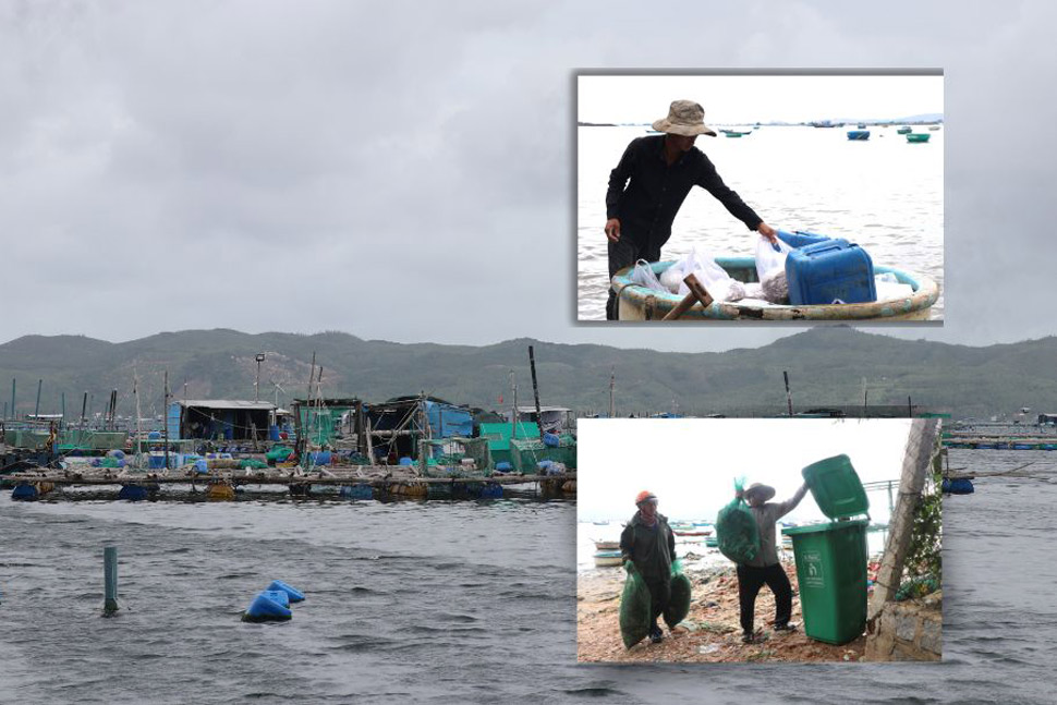 People in aquaculture areas in Song Cau town (Phu Yen) collect and bring garbage to shore to reduce environmental pollution. Photo: Hoai Luan