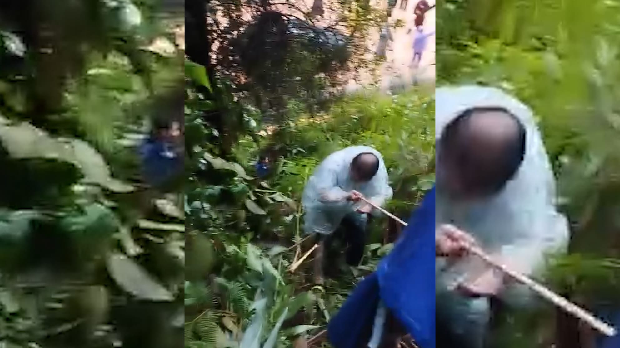 Authorities cross the forest to provide food to people stranded on Khanh Le Pass. Photo: Huu Long