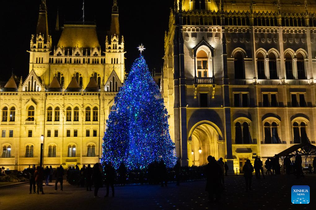 Cây thông Giáng Sinh thắp đèn xanh trước tòa nhà Quốc hội của thủ đô Budapest, Hungary từ đầu tháng 12. Sự kiện dựng cây thông trước tòa Quốc hội đánh dấu một mùa lễ hội mới. Năm nay, cây thông được chọn là cây 45 tuổi cao 20m nặng gần 5 tấn. Ảnh: Attila Volgyi/Xinhua