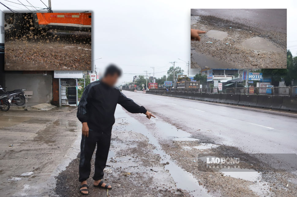 Highway 1A, passing through Phuoc Loc commune (Tuy Phuoc district, Binh Dinh), is full of potholes and jagged rocks all over the road, causing motorbikes to fall repeatedly. Photo: Hoai Luan