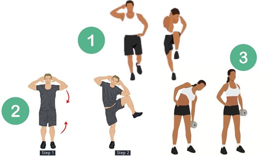 Bài tập đứng giúp giảm mỡ bụng, eo thon gọn. Đồ họa: Thanh Thanh