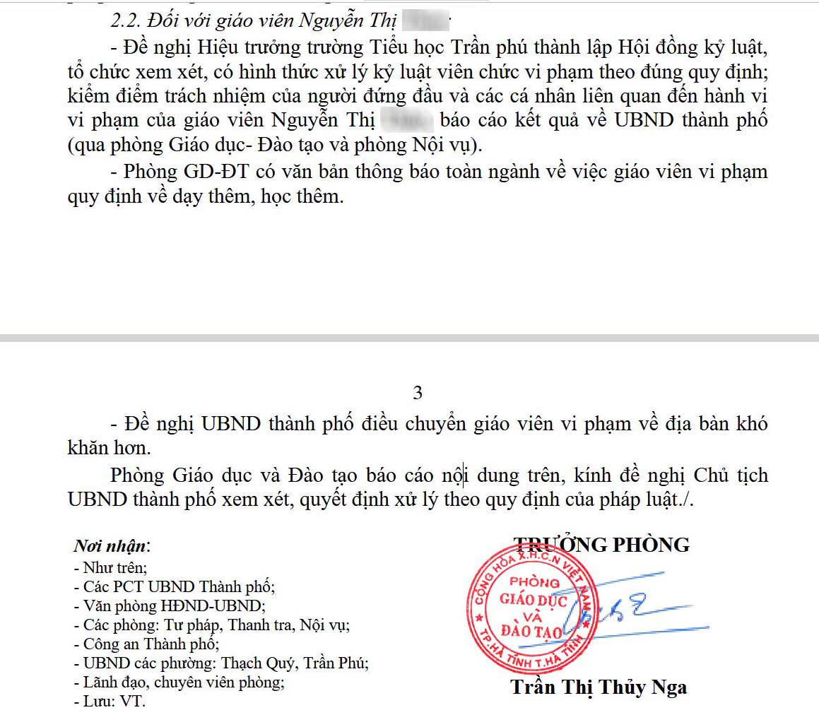 Van ban cua Phong Giao duc - Dao tao TP Ha Tinh de nghi dieu chuyen co T. den dia ban kho khan hon. Anh: Quang Dai