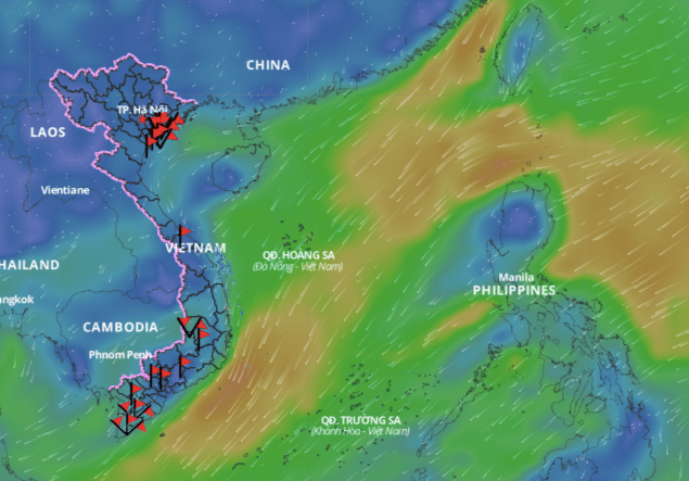 Cold air causes bad weather in the North East Sea. Above is the image of the wind direction layer over the sea updated at 11:00 on December 17. Photo: Vietnam Natural Disaster Monitoring System