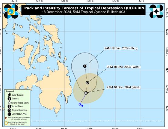 Áp thấp nhiệt đới gần Biển Đông Querubin sáng 18.12. Ảnh: PAGASA