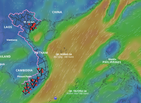 Cold air causes bad weather in the North East Sea. Above is the image of the wind direction layer over the sea updated at 11:00 on December 18. Photo: Vietnam Natural Disaster Monitoring System