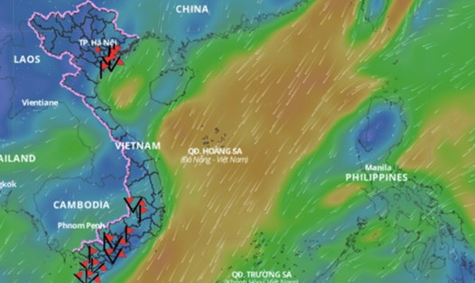 Không khí lạnh gây thời tiết xấu trên khu vực Bắc Biển Đông. Trên đây là hình ảnh lớp hướng gió trên biển cập nhật lúc 11 giờ ngày 18.12. Ảnh: Hệ thống Giám sát thiên tai Việt Nam