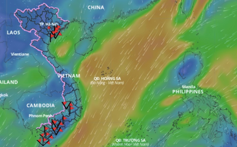 Cold air causes bad weather in the North East Sea. Above is the image of the wind direction layer over the sea updated at 11:00 on December 18. Photo: Vietnam Natural Disaster Monitoring System