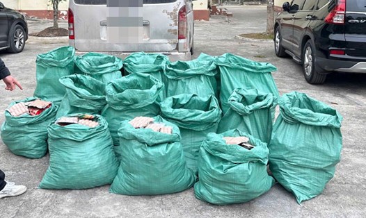 650kg xúc xích không rõ nguồn gốc. Ảnh: Hữu Việt