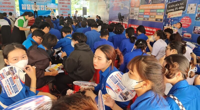 Young people in Bac Lieu learn about job opportunities at a job fair. Photo: Nhat Ho