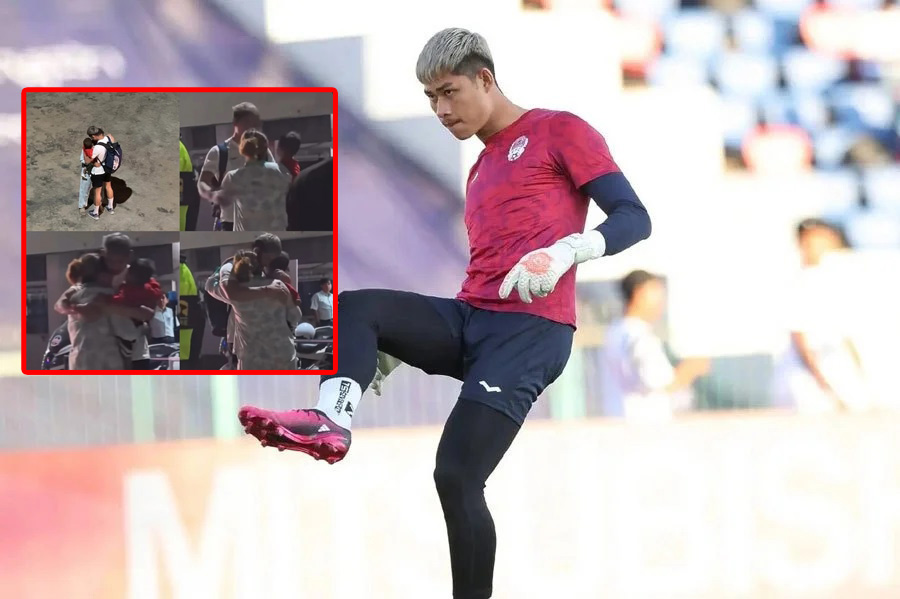 The image of goalkeeper Vireak Dara and his mother is the focus of Cambodian media. Photo: NST